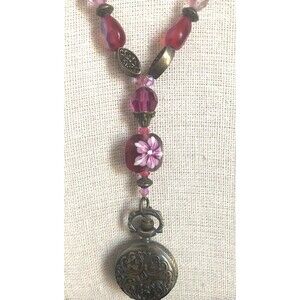 Pink/Clear Glass~ Long Glass Necklace With Decorative Metal Pocket Watch Pendant